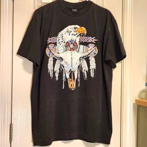 🦅Vtg 90s Diamond Dust Eagle and Cow Skull Black Aztec Tribal Tee XL